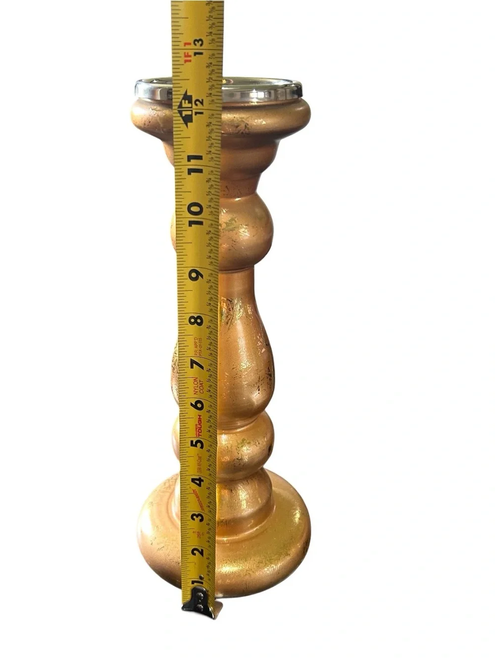 Glass Candle Pillar Metallic Gold Textured Look 12” New